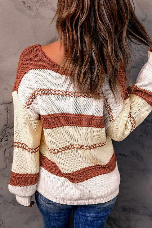 V-Neck Knitted Lantern Sleeve Pullover Sweater